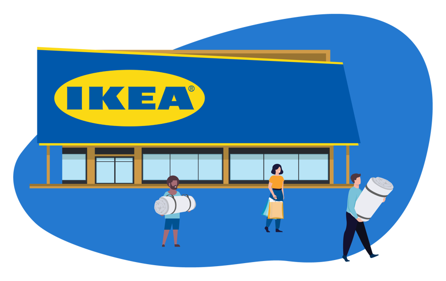 Ilustração de pessoas comprando colchão na loja IKEA.